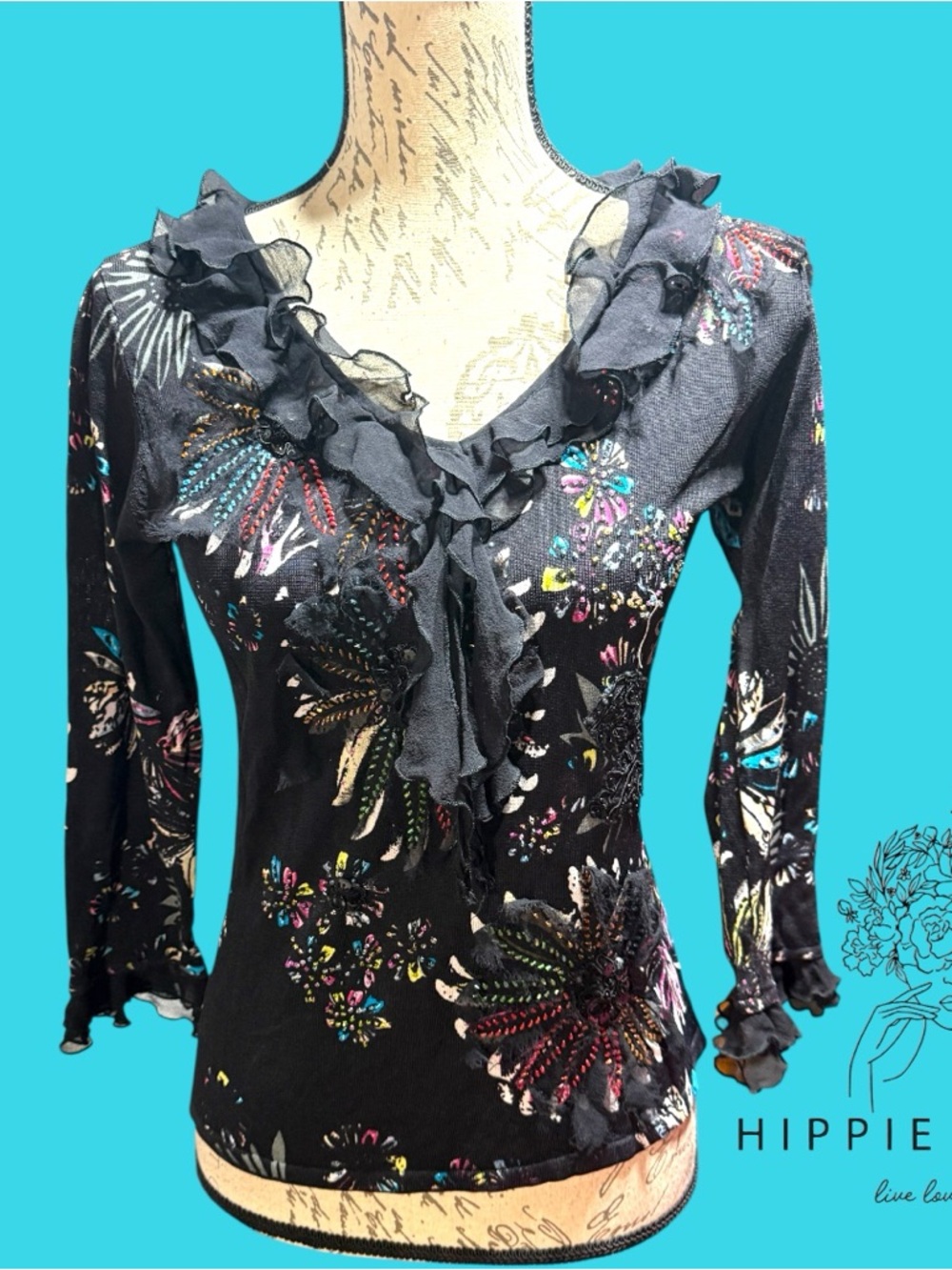 Vintage Alberto Makali Black Top with Beaded Floral Accents Size M